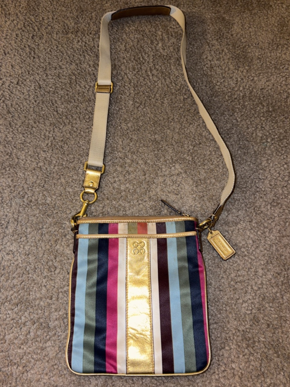 Coach Striped Multicolor Crossbody with Gold Center Panel